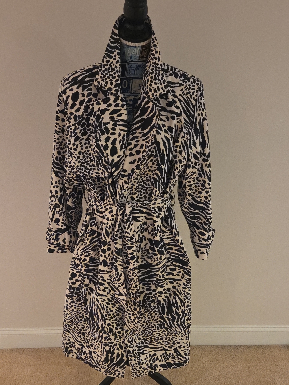 Tie-Waist Animal Print Trench Coat - Black & Cream